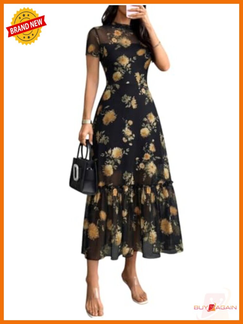 Women's Floral Mesh Ruffle A-Line Maxi Dress Wedding Guest